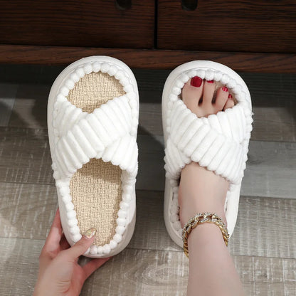 creamtopmall-2024 rNew Women Home Slippers Open-Toe Cross Band Linen Soled Indoor Slides Linen Soled Non-Slip Bathroom Slippers