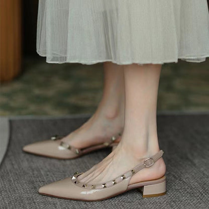 creamtopmall New Summer Women Sandals Rivet Pointed Toe Chunky Heel Low Heel Flat Females Pumps Fashion High Quality Elegant Noble Lady Shoe