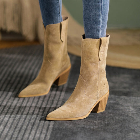 creamtopmall 2023 New Autumn/Winter Women's Boots Pointed Toe Chunky Heel Short Boots Cow Suede Western Boots Shoes For Women High Heels