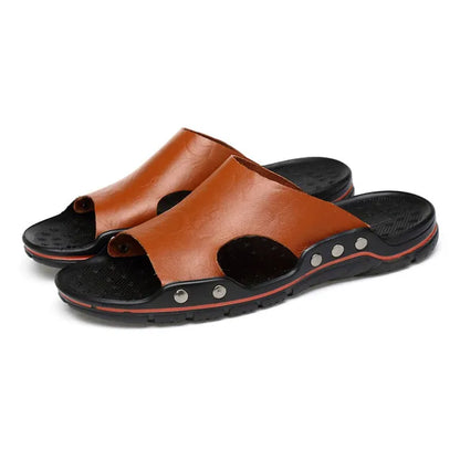 creamtopmall-Summer Men Slippers Genuine Leather Breathable Clogs Sandals Beach Classics Leather Slides Outdoor Flip Flops Plus Size Men Shoe