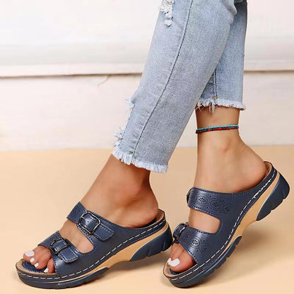 creamtopmall Fashion Double Buckle Wedge Slippers Women Summer  Brown PU Leather Platform Sandals Woman Casual Non Slip Beach Flip Flops