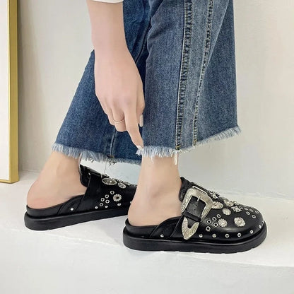 creamtopmall Summer Women Slippers Platform Rivets Punk Rock Leather Mules Creative Metal Fittings Casual Party Shoes Female Outdoor 0823