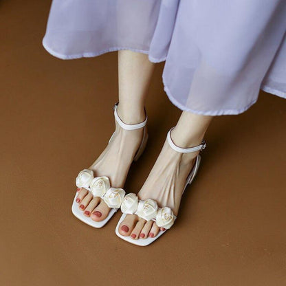 creamtopmall Summer Women Sandals Flower Decoration Square Peep Toe Low Heel Females Slippers Fashion Elegant Leisure Ladies Shoes