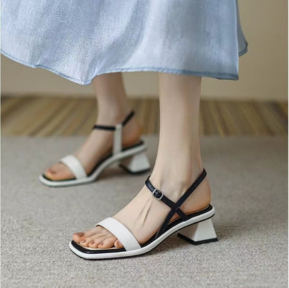 creamtopmall Summer Women Sandals Color Matching Square Toe Buckle Mid Block Heel Females Slippers Fashion High Quality Cozy Lady Shoe