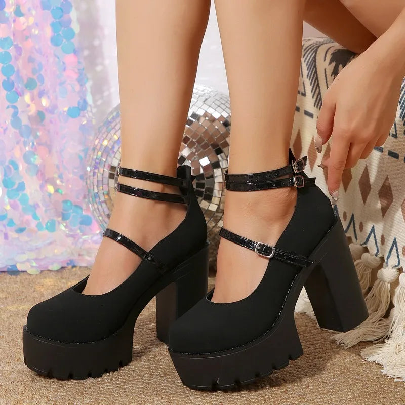 Pink Chunky Heeled Ankle Strap Pumps Sweet Platform Square Heel Woman High Heels Pumps Platform Shoes  Spring Woman Shoes