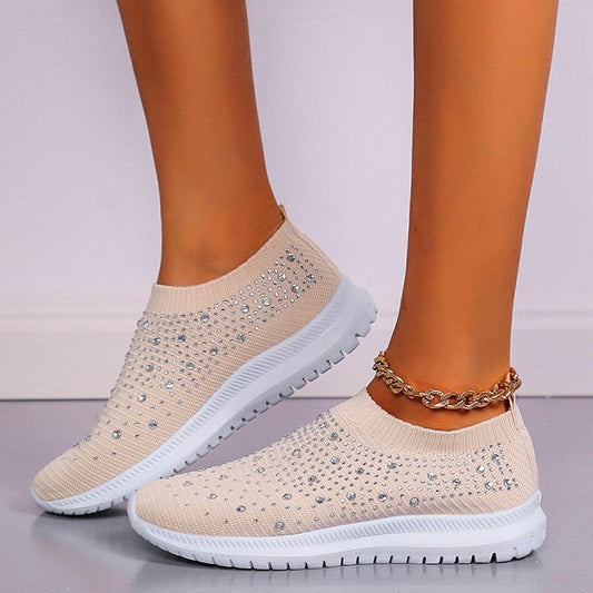 creamtopmall Shining Crystal Flats Shoes for Women Plus Size Breathable Mesh White Sneakers Woman  Spring Summer Soft Sole Sports Shoes