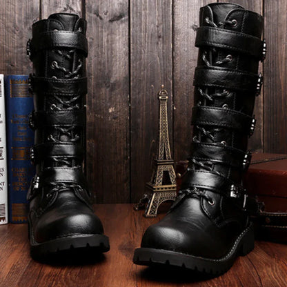 creamtopmall-New Men's Leather Motorcycle Boots Military Boots Gothic Belt Punk Boots Men's Shoes Outdoor Tactical Military Boots