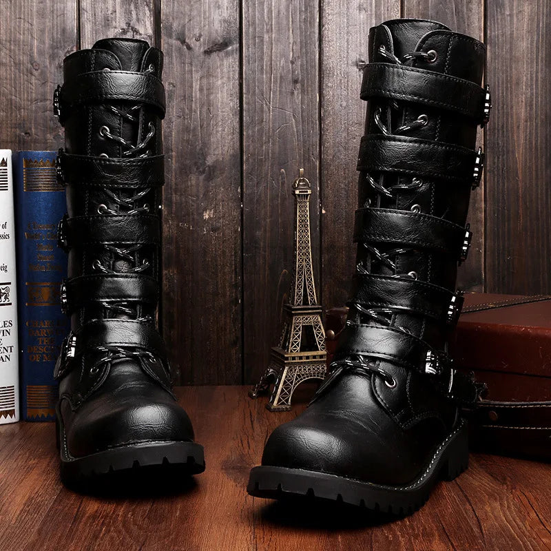 creamtopmall-New Men's Leather Motorcycle Boots Military Boots Gothic Belt Punk Boots Men's Shoes Outdoor Tactical Military Boots