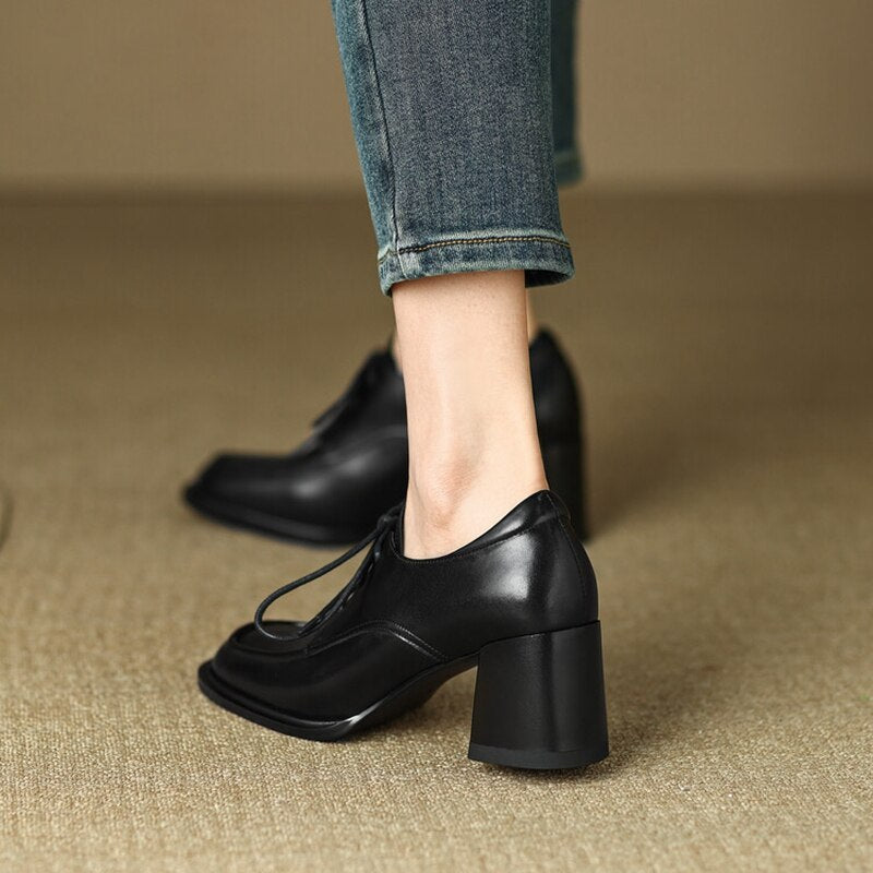 creamtopmall  Spring Women Loafers Split Leather Pumps Women Round Toe Square Heel Women Shoes Casual High Heel Shoes Women Lace-up Shoes