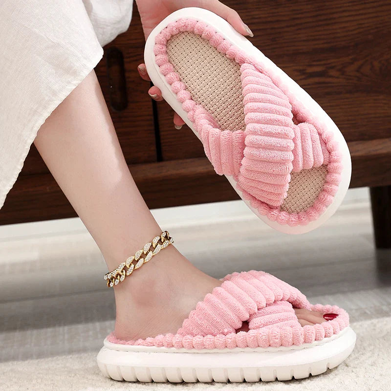 creamtopmall- rNew Women Home Slippers Open-Toe Cross Band Linen Soled Indoor Slides Linen Soled Non-Slip Bathroom Slippers