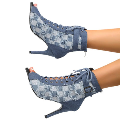 creamtopmall-Rubber Sole Latin Dance Boots Sexy Modern Shoes Dance High-heeled 9cm Sandals Lace-up Hollow Belt Buckle Fashion Square Denim