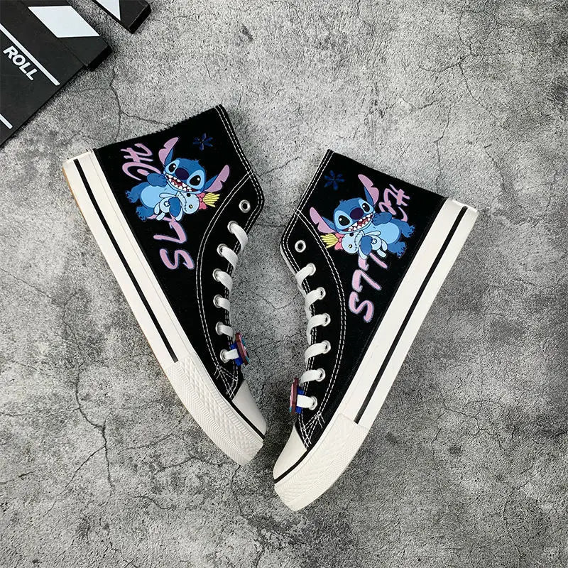 creamtopmall-Lilo & Stitch Canvas Shoes Cute Cartoon Little Monster Pattern Shoes Fashion Casual Sports High and Low Canvas Shoes