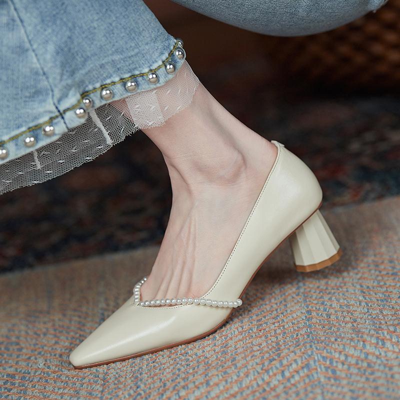 creamtopmall Pearls Women's Shoes Pointed Elegant Square Head Female Pumps Retro Summer High-heeled Shallow Mouth Ladies Work Shoes