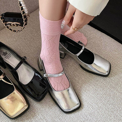 Back to school  new spring women pumps natural leather 22-24.5cm length cowhide+sheepskin full leather square toe Buckle Mary Jane shoes