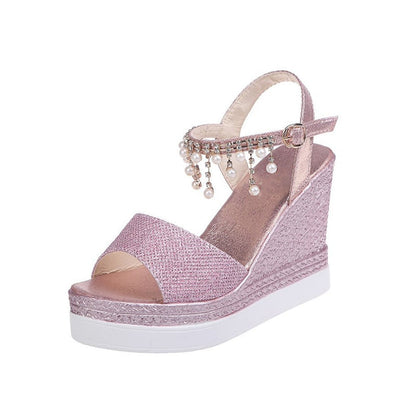 creamtopmall New Women Wedge Sandals Summer Bead Studded Detail Platform Sandals Buckle Strap Peep Toe Thick Bottom Casual Shoes Ladies