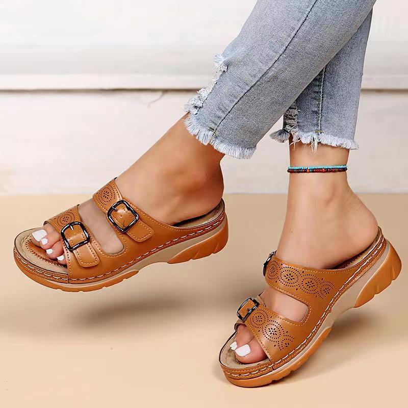 creamtopmall Fashion Double Buckle Wedge Slippers Women Summer 2023 Brown PU Leather Platform Sandals Woman Casual Non Slip Beach Flip Flops