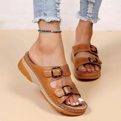 creamtopmall Fashion Double Buckle Wedge Slippers Women Summer  Brown PU Leather Platform Sandals Woman Casual Non Slip Beach Flip Flops