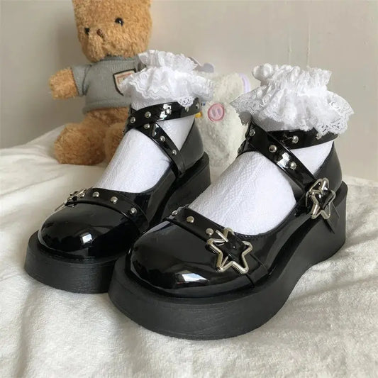 Antmvs-Shoes Lolita shoes Women heels platform mary janes Star Buckle Strap Mary Janes Women Cross-tied Girls Rivet Casual kawaii shoes