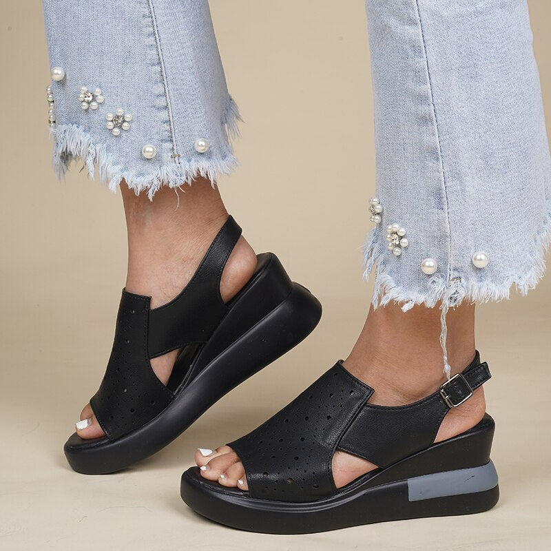 creamtopmall Women Sandals Summer Solid Fish Mouth High Wedge Heel Ankle Straps Lady Sandals Fashion Concise Casual Females Shoes