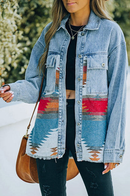 Creamtopmall Retro Aztec Lapel Pocket Denim Patchwork Jacket