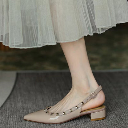 creamtopmall New Summer Women Sandals Rivet Pointed Toe Chunky Heel Low Heel Flat Females Pumps Fashion High Quality Elegant Noble Lady Shoe