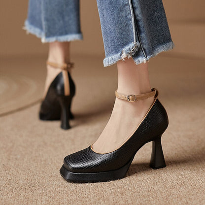 Back to school 2023 new spring women pumps natural leather 22-24.5cm length cowhide+pigskin buckle Mary Jane shoes high heel Ankle strap shoes