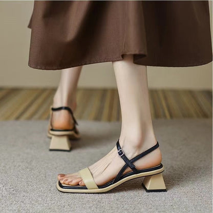 creamtopmall Summer Women Sandals Color Matching Square Toe Buckle Mid Block Heel Females Slippers Fashion High Quality Cozy Lady Shoe