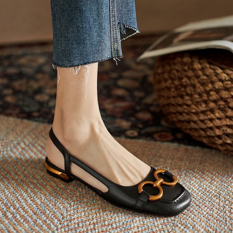 creamtopmall New French Retro Ladies Flats Korean Style One Line Buckle Female Sandals Fashionable Plaid Thick Heel Women's Shoes