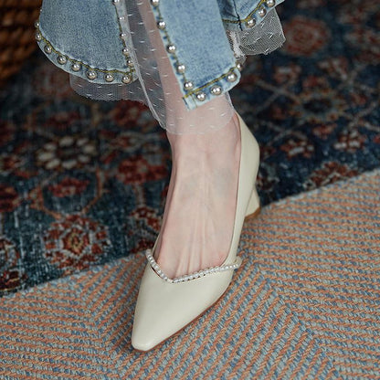 creamtopmall Pearls Women's Shoes Pointed Elegant Square Head Female Pumps Retro Summer High-heeled Shallow Mouth Ladies Work Shoes