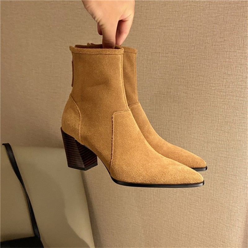 creamtopmall Spring/Autumn Women Boots Pointed Toe Chunky Heel Suede Leather Women Shoes Heel Height(5cm-8cm)Retro Solid Short Boots Ladies