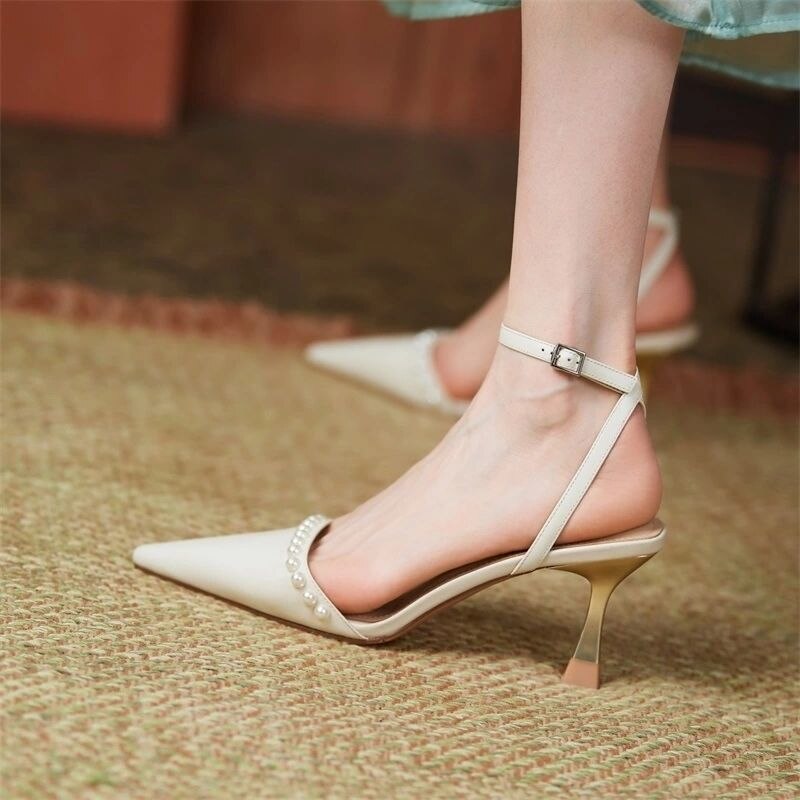 creamtopmall New Summer Women Sandals Temperament Pearl Pointed Toe Stiletto Females Heels Solid Fashion High Quality Office Ladies Shoes