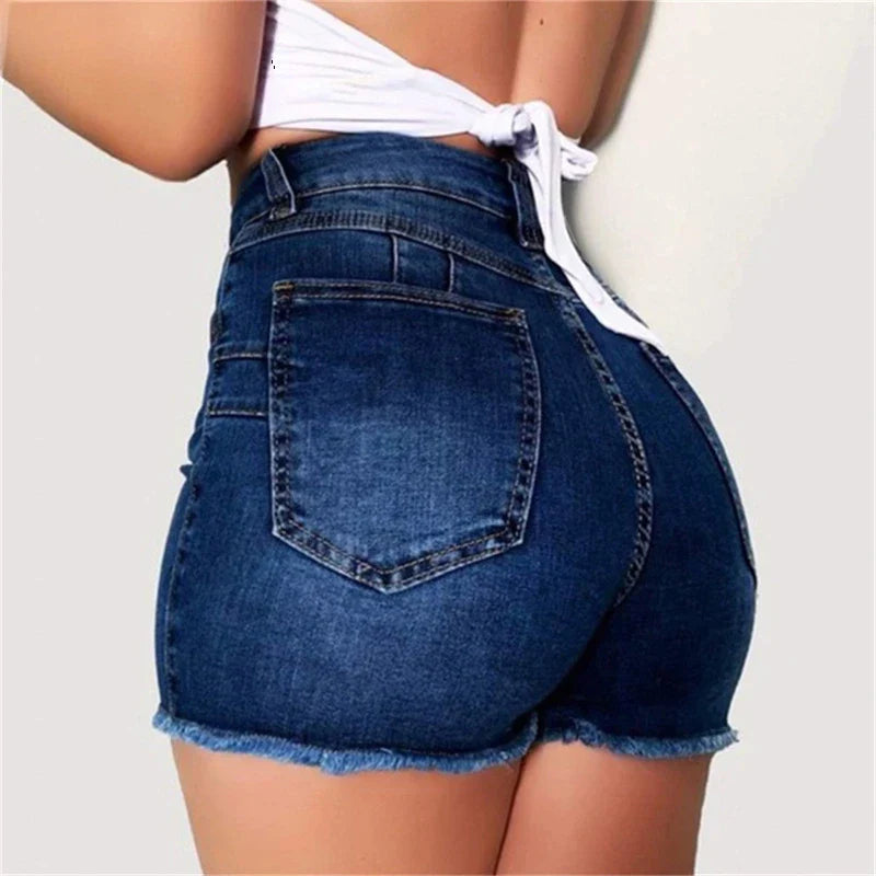 creamtopmall-Large Size Sexy Ripped Denim Shorts Girl New High Waist Skinny Hips Stretch Leg Length Tight Tight Stretch Hips Jeans Women