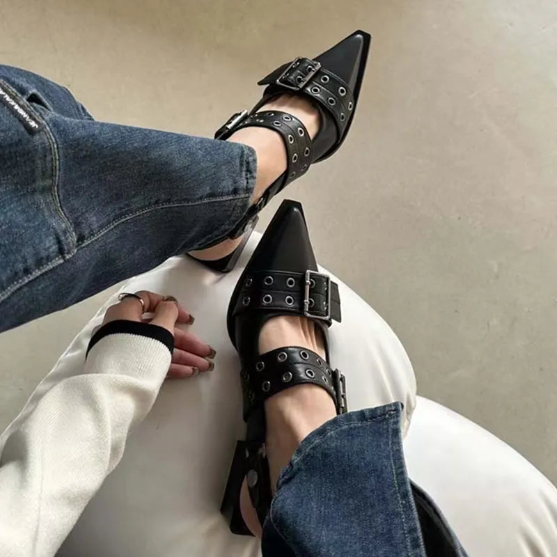 creamtopmall- New Women Chunky Sandals Summer Shoes Fashion Mid Heels Pointed Toe Party Shoes Brand Casual Shoes Mujer Slippers Zapatos