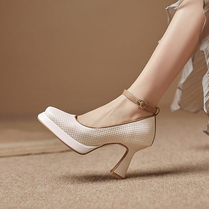 Back to school 2023 new spring women pumps natural leather 22-24.5cm length cowhide+pigskin buckle Mary Jane shoes high heel Ankle strap shoes