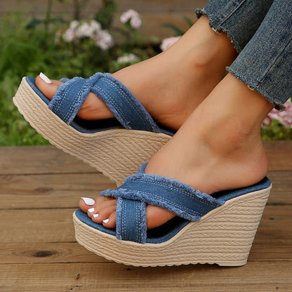 creamtopmall Cross Strap High Wedge Slippers Women Summer 2023 Blue Denim Chunky Platform Sandals Woman Non Slip Thick Sole Slides Flip Flops