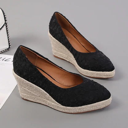 creamtopmall-New Pointed Shallow Mouth Women Wedge Heel Thick Sole Single Shoes Women Straw Woven Twine rope sole Spring Autumn Shoes