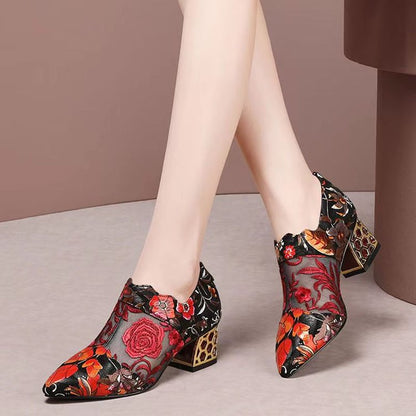 creamtopmall New Fashion Personality Pointed Toe Sandals Women Summer New Mid Heel Square Heel Zipper Printed Casual Ladies High Heels