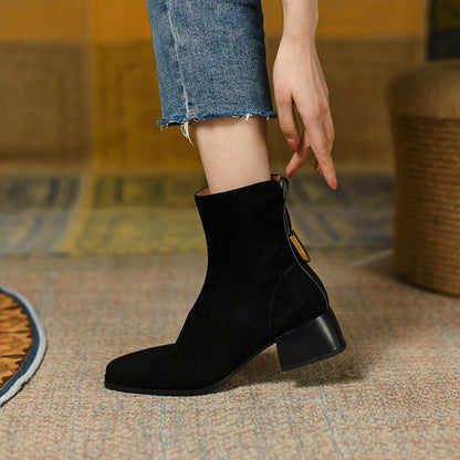 creamtopmall autumn and winter Women ankle boots natural leather 22-25cm kid suede upper medium chunky heel side zipper ankle boots