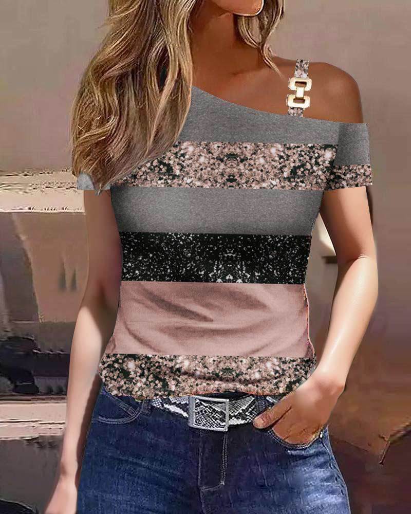 creamtopmall Top Women 2023 Summer Fashion Simple Metal Buckle Oblique Collar Casual Short-Sleeved Printed T-Shirt Top Y2K Clothes