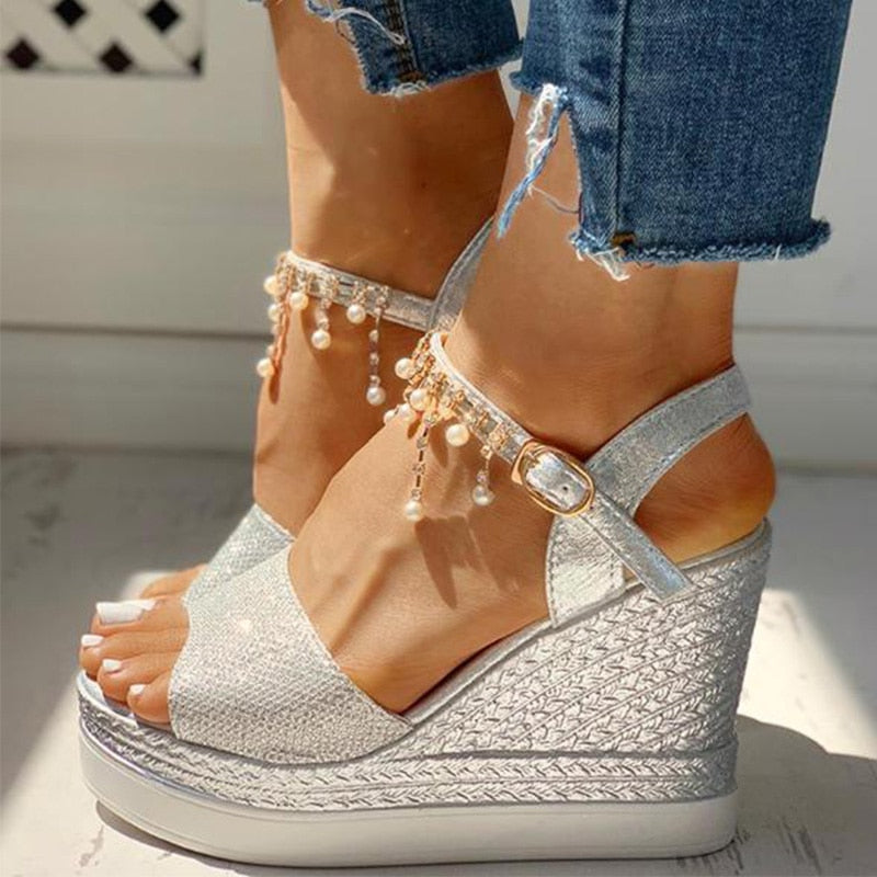 creamtopmall New Women Wedge Sandals Summer Bead Studded Detail Platform Sandals Buckle Strap Peep Toe Thick Bottom Casual Shoes Ladies