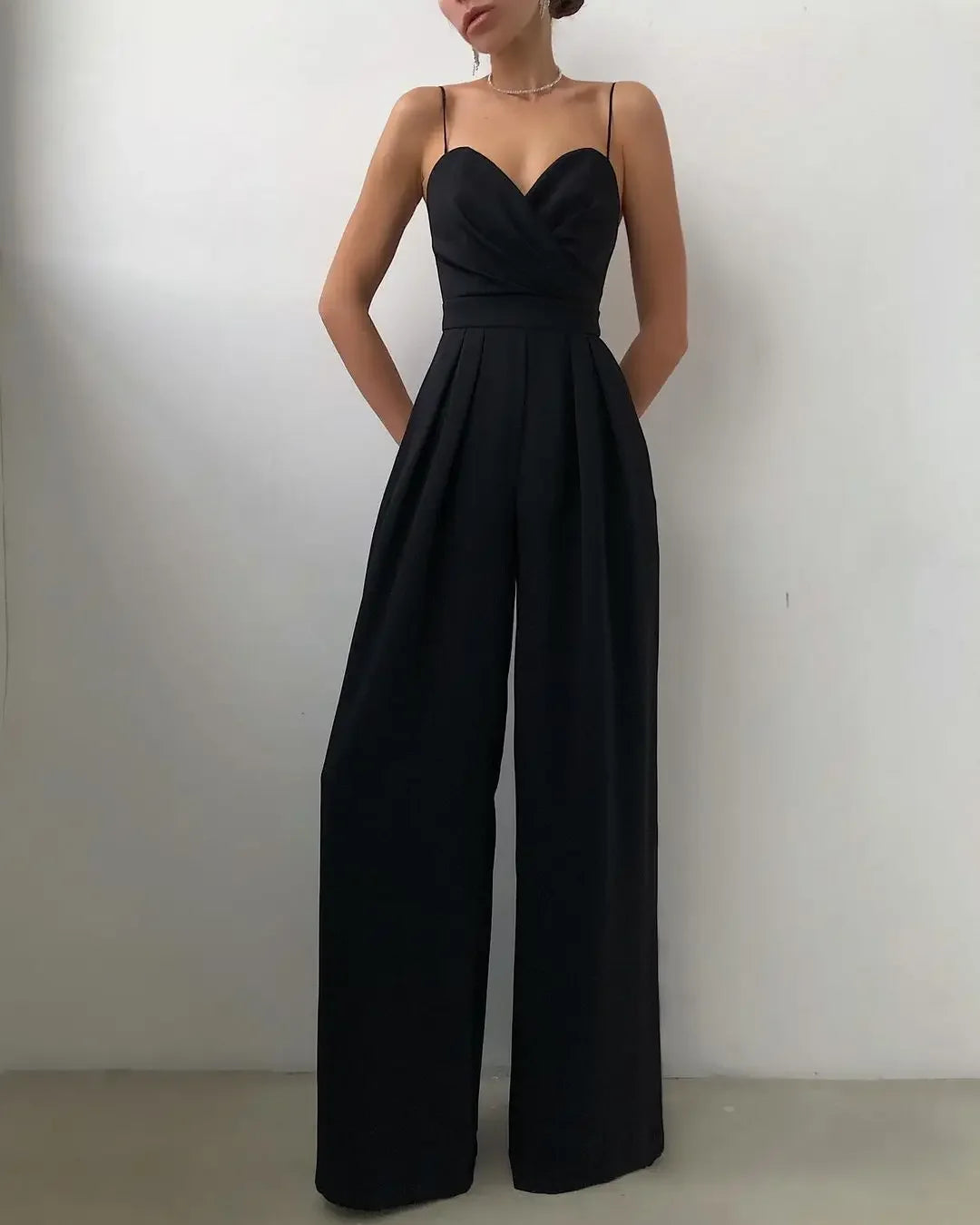 creamtopmall-Spring Chiffon Sexy Joker Solid Elegant Spaghetti Strap European and American Women's High Waist Wide Leg Jumpsuits