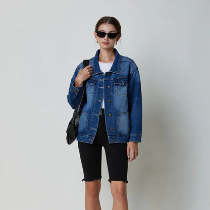 creamtopmall-New Spring Autumn Single-breasted Womens Denim Jacket Coat Loose Long Sleeve Tops Casual Jean Coats Female Outerwear