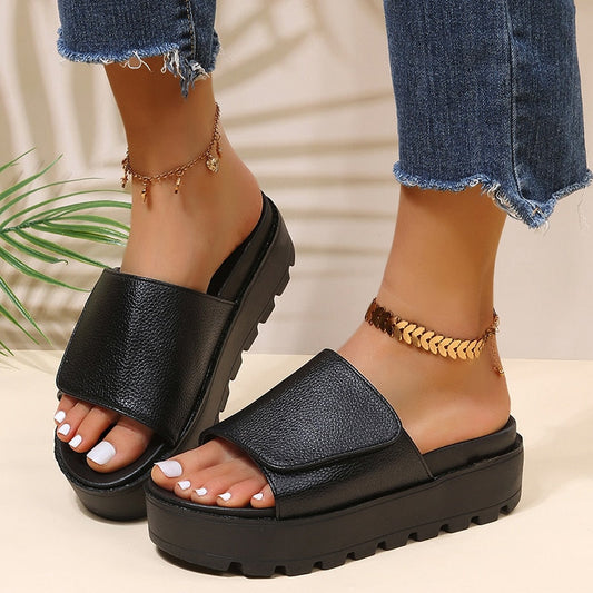 creamtopmall Black PU Leather Platform Slippers Women Plus Size 43 Thick Soled Sandals Woman  Summer Non-slip Slides Shoes Female