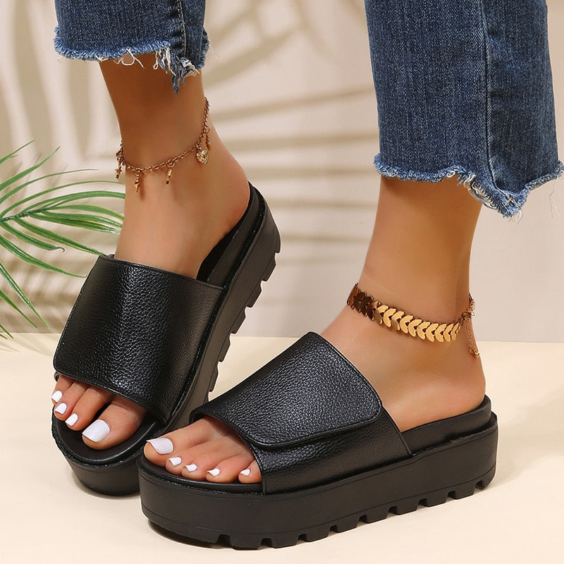 creamtopmall Black PU Leather Platform Slippers Women Plus Size 43 Thick Soled Sandals Woman 2023 Summer Non-slip Slides Shoes Female