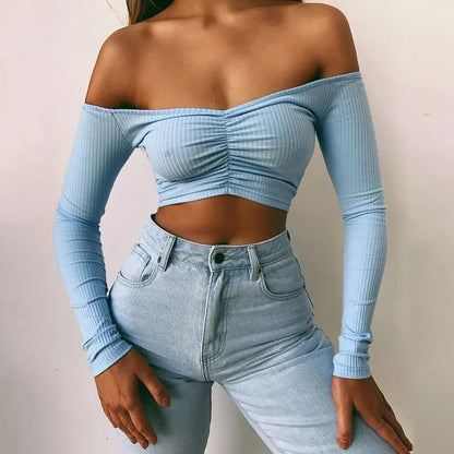 creamtopmall-Sexy Off Shoulder Bare Midriff Folds Rib T Shirt Women Long Sleeves Slash Neck Short Tshirt Ladies Tee Shirt Camisetas Mujer