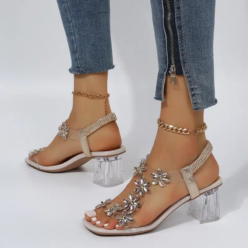 Graduation Gift High-heeled Sandals Women Summer New Style Fashion Small Flower Decoration Buckle Transparent Square Heel Women Shoes