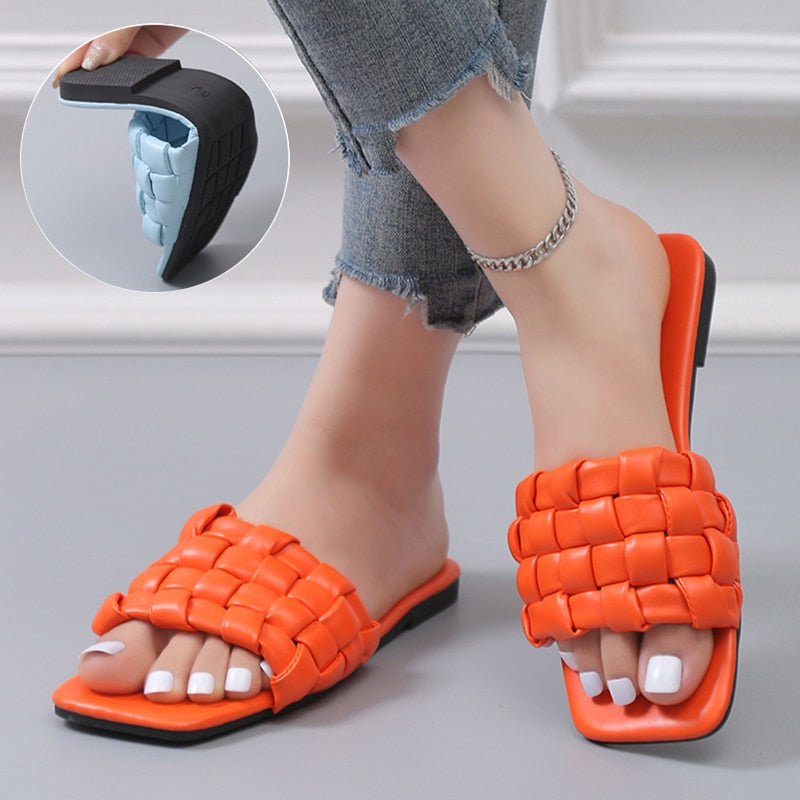 creamtopmall Design Weave Soft Slippers for Women Summer  Orange PU Leather Beach Flip Flops Female Square Toe Flat Sandals Plus Size 43