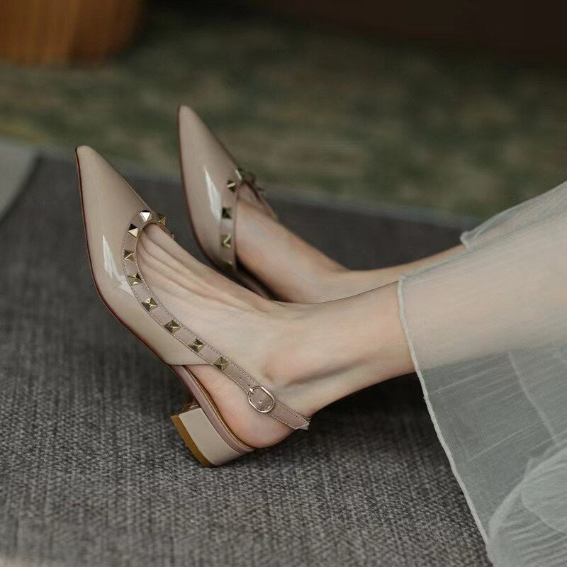 creamtopmall New Summer Women Sandals Rivet Pointed Toe Chunky Heel Low Heel Flat Females Pumps Fashion High Quality Elegant Noble Lady Shoe