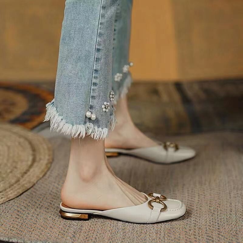 creamtopmall French Retro Ladies Slippers Classic Summer New Flat-heeled Women's Sandals Comfortable Square Head Lazy Female Muller Shoes