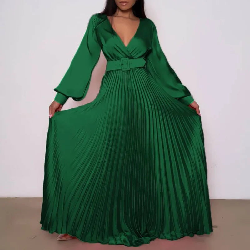 creamtopmall-Women Sexy Deep V-neck Swing Pleated Long Dress Spring High Waist Tie-up Belted Maxi Dress Autumn Long Sleeve Boho Party Dresses